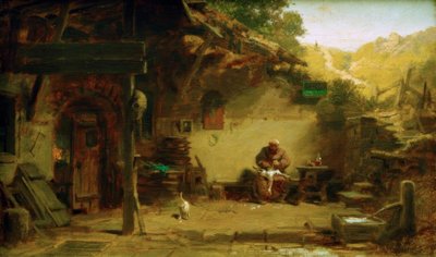 Alter Mönch, vor seiner Klause eine Gans rupfend von Carl Spitzweg